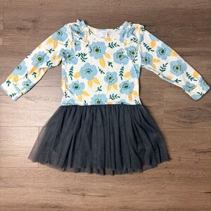 PatPat Blue Floral Top with Yellow Accents and Black Tulle Skirt Girls Dress